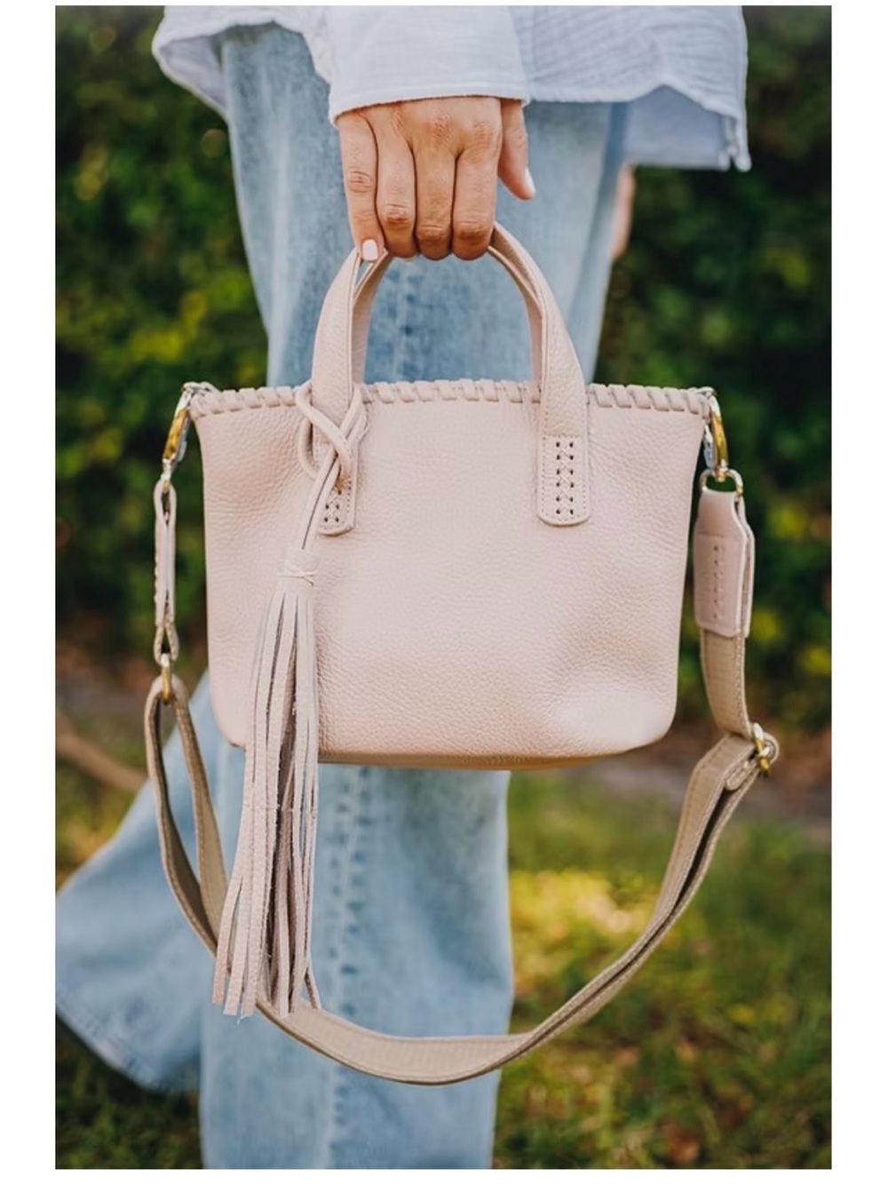 Blush Pink Mini Leather Satchel with Tassel Crossbody Strap